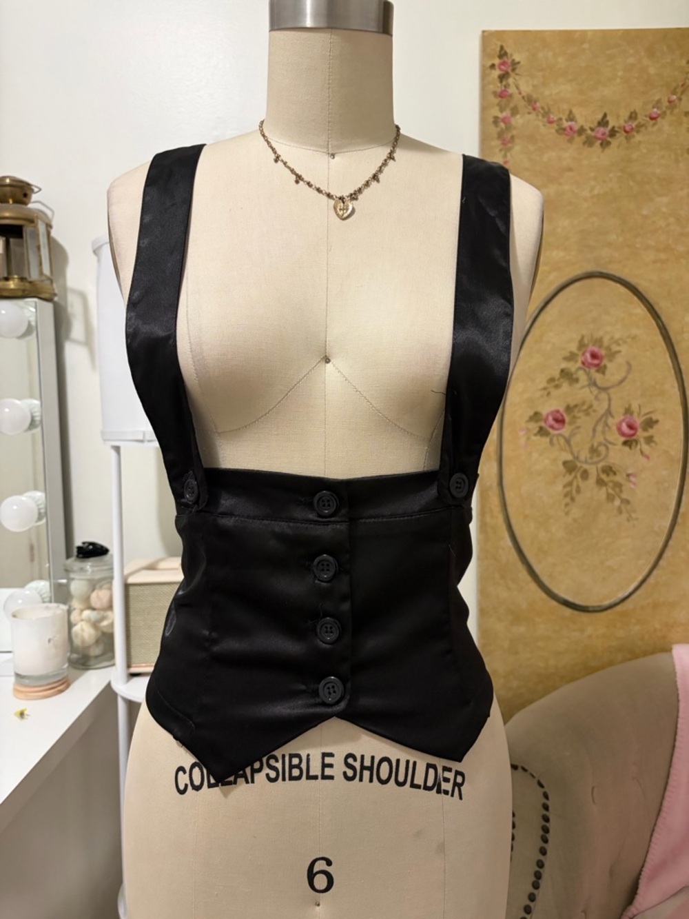 Black Satin Suspender Camisole Vest - Sleek Button Front